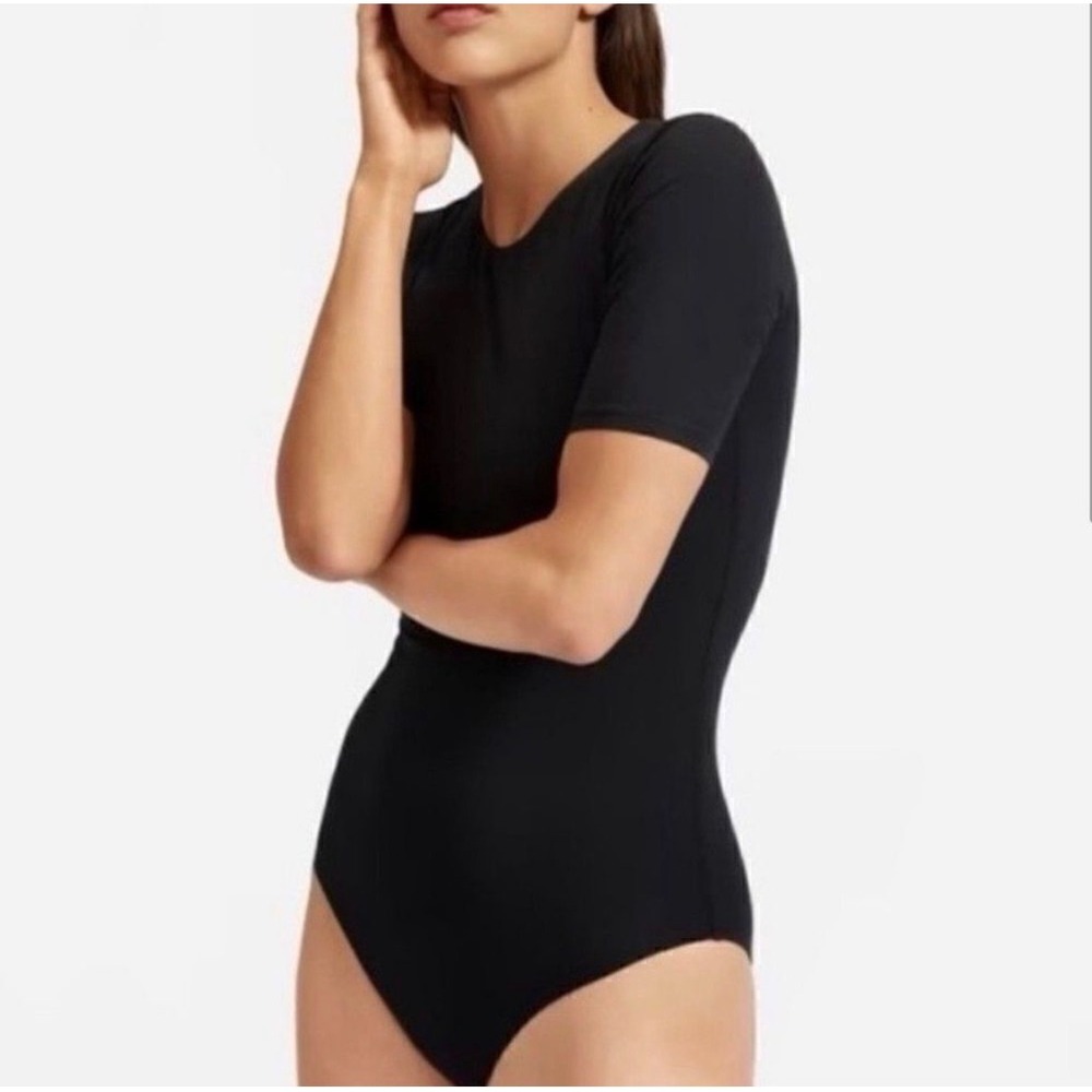 Everlane Black Supima Cotton Mid Sleeve Thong Bodysuit Size Small